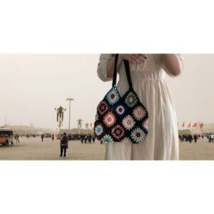 Crochet Knitted Black Boho Flower Handbag Shoulder Bag Purse Lightweight